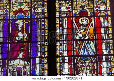 PARIS, FRANCE - MAY 31, 2015 Bishop Saint Stained Glass Saint Severin Church Paris France. Saint Severin one of oldest churches Paris located in the Latin Quarter. Built in the 1500s