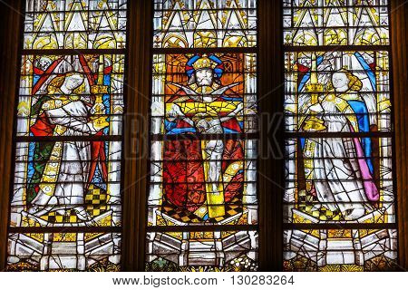 PARIS, FRANCE - MAY 31, 2015 French King Stained Glass Saint Severin Church Paris France. Saint Severin one of oldest churches Paris located in the Latin Quarter. Built in the 1500s