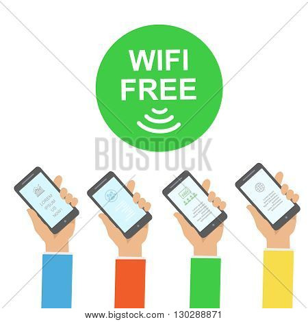 Hand holding smartphone with free wifi wireless connection Infographics illustration