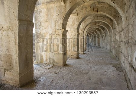 Stone tunnel in the ancient Turkish amphitheater