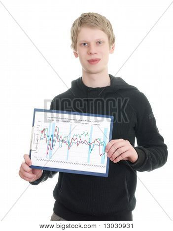 een jonge man houdt een Klembord