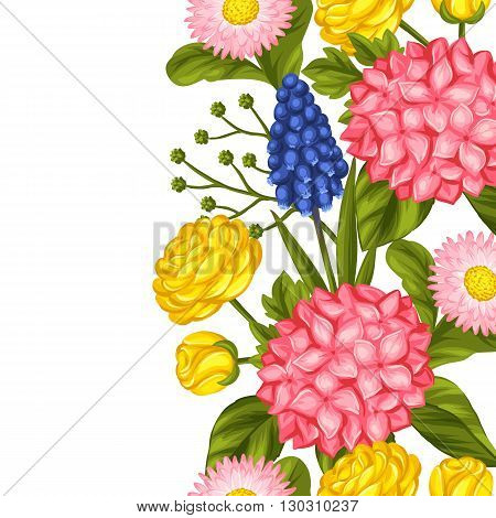 Seamless pattern with garden flowers. Decorative hortense, ranunculus, muscari and marguerite. Easy to use for backdrop, textile, wrapping paper, wallpaper.