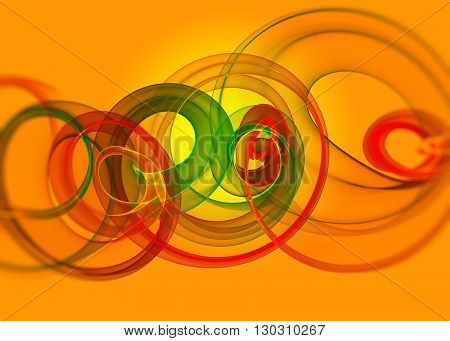holyday glass transparent rainbow curved spiral and sircles over yellow orange Abstract Background.  horizontal Illustration