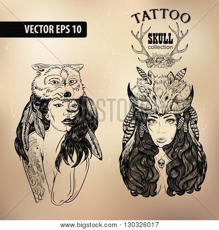 Vector tattoo studio logo templates on dark background. Cool retro styled vector emblems.