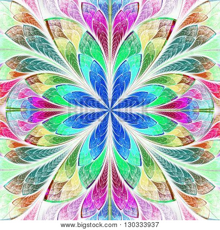 Multicolored symmetrical fractal flower in stained-glass window style. Artwork for creative design art and entertainment.