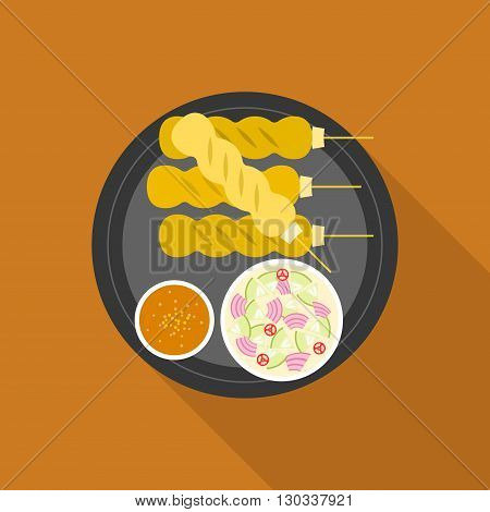 Satay, grilled pork or meat with sauce, Thai and Indonesia food, flat design
