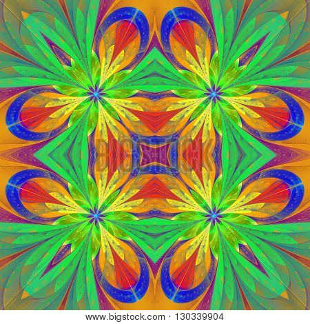 Multicolored symmetrical pattern in stained-glass window style on light. Artwork for creative design art and entertainment.