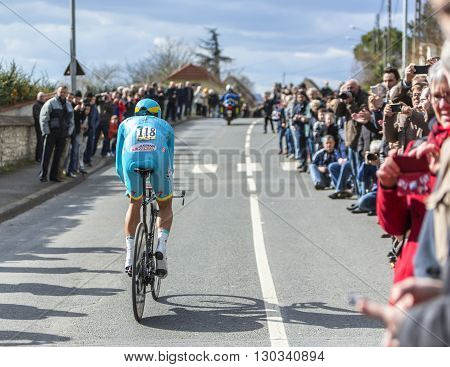 Conflans-Sainte-HonorineFrance-March 62016: The Dutch cyclist Lieuwe Westra of Astana Team riding during the prologue stage of Paris-Nice 2016.