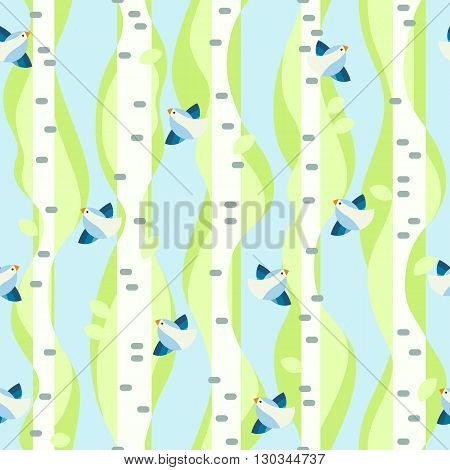 Seamless pattern with birch trees and birds in cartoon style