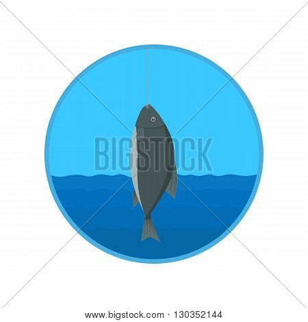 vector icon - fish caught on the hook on the background of river and sky. illustration