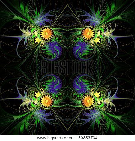 Flower background in fractal design. Blue and orange palette. On black. Computer generated graphics.