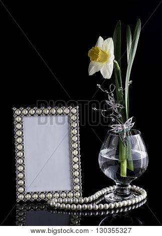 floral composition frame glass lilia black background