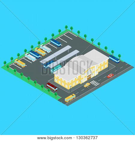 vector illustration. bus station. Buses bus stop Parking. Building bus station road machine. Infographics isometric