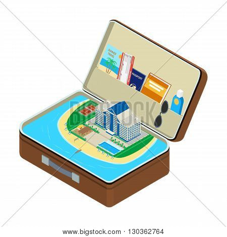 vector illustration. Open the suitcase sea a coastal hotel with a swimming pool a passport a plane ticket sunglasses sunscreen. isometric infographic