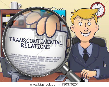 Officeman Shows Paper with Concept Transcontinental Relations. Closeup View through Magnifier. Multicolor Modern Line Illustration in Doodle Style.