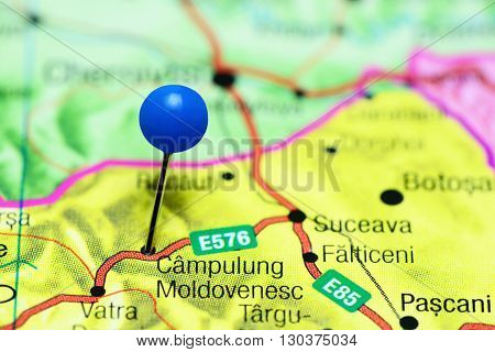 Campulung Moldovenesc pinned on a map of Romania