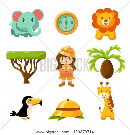 Girl African Explorer Cute Childish Style Bright Color Design Icons Isolated On White Background