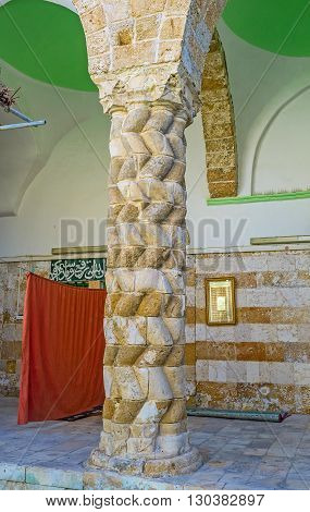 ACRE ISRAEL - FEBRUARY 20 2016: The courtyard of E-Zaitune Mosque decorated with the old carved columns on February 20 in Acre.