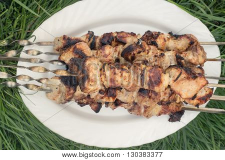 shish kebab on skewers on a white plate in the grass