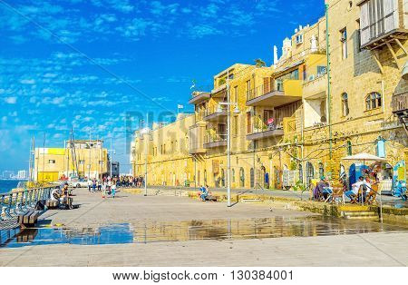 TEL AVIV ISRAEL - FEBRUARY 25 2016: The old residential quarter in port of Jaffa nowadays became the tourist place with cozy family hotels and cafes on February 25 in Tel Aviv.
