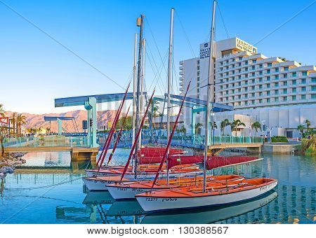 EILAT ISRAEL - FEBRUARY 23 2016: The Marina is the best place to choose yacht for hire or boat for fishing tour on February 23 in Eilat.