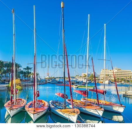 EILAT ISRAEL - FEBRUARY 24 2016: The sailing yachts are popular in resort on February 24 in Eilat.
