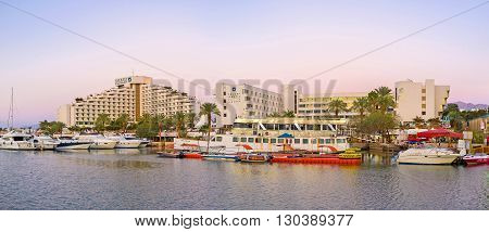 EILAT ISRAEL - FEBRUARY 23 2016: The best hotels of resort located adjacent to the yacht port on February 23 in Eilat.