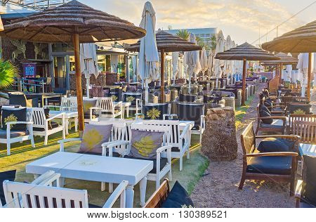EILAT ISRAEL - FEBRUARY 24 2016: The beach restaurant is the best place to relax after the swimming on February 24 in Eilat.