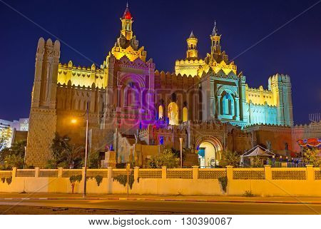 EILAT ISRAEL - FEBRUARY 24 2016: The Biblical amusement park Kings City in the evening lights on February 24 in Eilat.