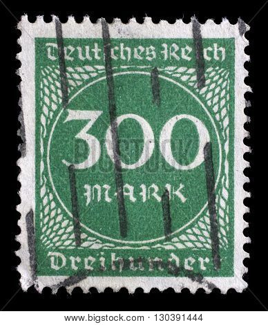 ZAGREB, CROATIA - JUNE 22: A postage stamp printed in Germany shows numeric value, circa 1923, on June 22, 2014, Zagreb, Croatia
