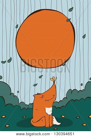 Vertical vector illustration with cute sitting ginger fox with yellow butterfly on nose circle text holder and flying leaves around. Decorated large hand drawn image with nice colors sky and bushes.