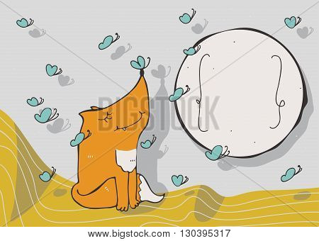 Horizontal vector illustration with cute sitting fox with blue butterfly on nose circle text holder and flying butterflies around. Decorated large hand drawn image with nice colors for your design