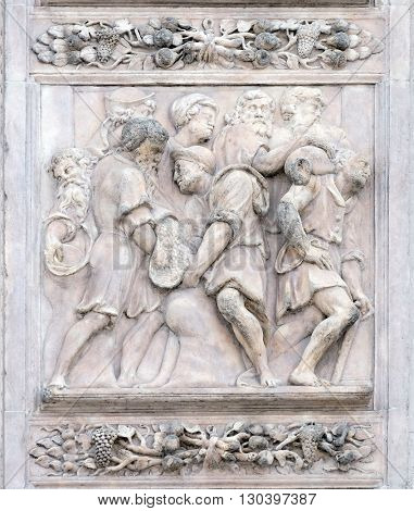 BOLOGNA, ITALY - JUNE 04: The cup hidden in Benjamin's sack by Antonio da Settignano, right door of San Petronio Basilica in Bologna, Italy, on June 04, 2015