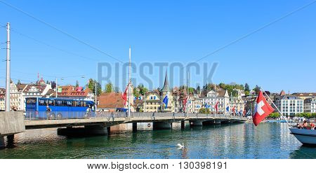 Lucerne Switzerland - 7 May 2016: the Seebruecke bridge. The Seebruecke bridge connects the historical and contemporary parts of the city of Lucerne. Lucerne is a city in central Switzerland it is the capital of the Swiss Canton of Lucerne and the capital