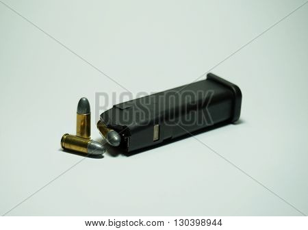 9 mm pistol ammunition isolated on white background.