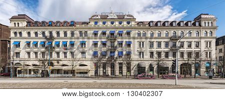 HELSINGBORG SWEDEN - APRIL 25 2016: The front facade of one of the many beautiful old historic buildings that Helsingborg in Sweden has to offer.