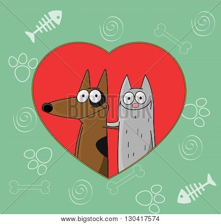 Cute puppy and kitten hugging each other. Conceptual image of friendship, love. Vector