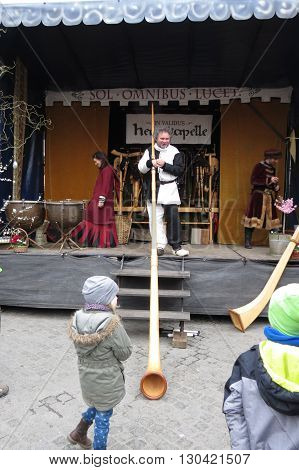 LEIPZIG GERMANY - CIRCA MARCH 2016: medieval musician dreesed in period clothes