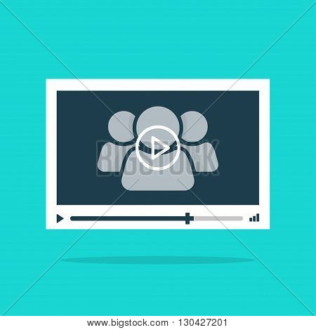 Video player interface abstract 3 persons and play button vector illustration, concept of film, cinema, business conference, e-learning, education media player, simple flat design isolated on white