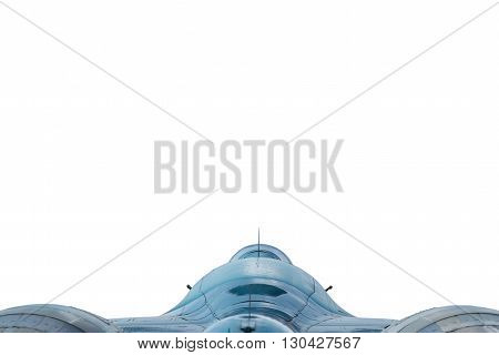 Military jet plane view of the tail close-up isolated on white background