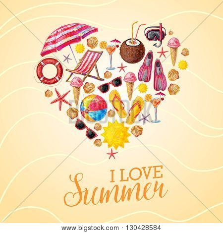 Objects for beach decorative icons set in shape of heart with beverages icecream sunglasses luonge vector illustration