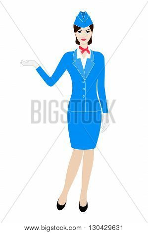 Illustration of young stewardess dressed in blue uniform