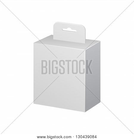 White Product Package Box With Hang Slot. Blank On White Background Isolated. Mock Up Template Ready For Your Design. Product Packing Vector EPS10
