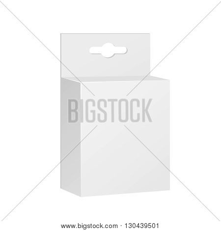 White Product Package Box With Hang Slot. Blank On White Background Isolated. Mock Up Template Ready For Your Design. Product Packing Vector EPS10