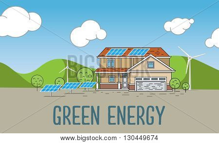 Flat Designed Banners Concept of  Eco energy an Eco friendly house. Creative Work Flow Items and Elements. Green energy, urban landscape, ecology. flat design vector concept illustration.