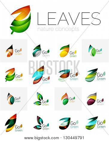 Leaf logo set. Vector collection of abstract geometric design futuristic leaves - go green logotypes. Created with color overlapping geometric elements - waves and swirls. Shiny and glossy effects