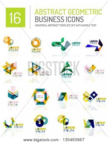 Abstract geometric business logo icon set. Colorful geometrical figure compositions with light effects - triangles circles rings arrows lines
