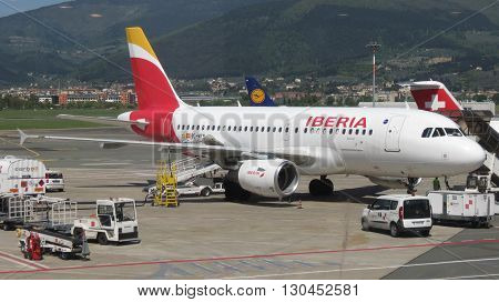 FLORENCE ITALY - CIRCA APRIL 2016: Airbus A 319 aircraft of the Iberia airlines parked at the airport ready for boarding