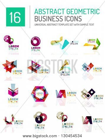 Abstract geometric business logo icon set. Colorful geometrical figure compositions with light effects - triangles circles rings arrows lines