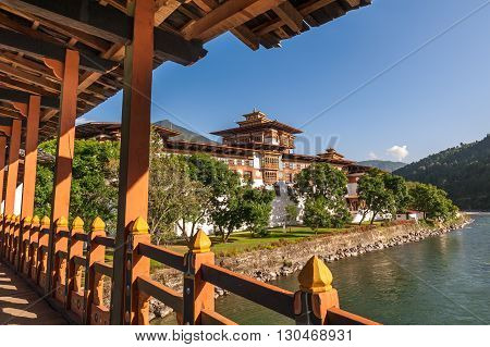Punakha Bhutan 07 Nov 2011: View Of Punakha Dzong From Wooden Bridge.